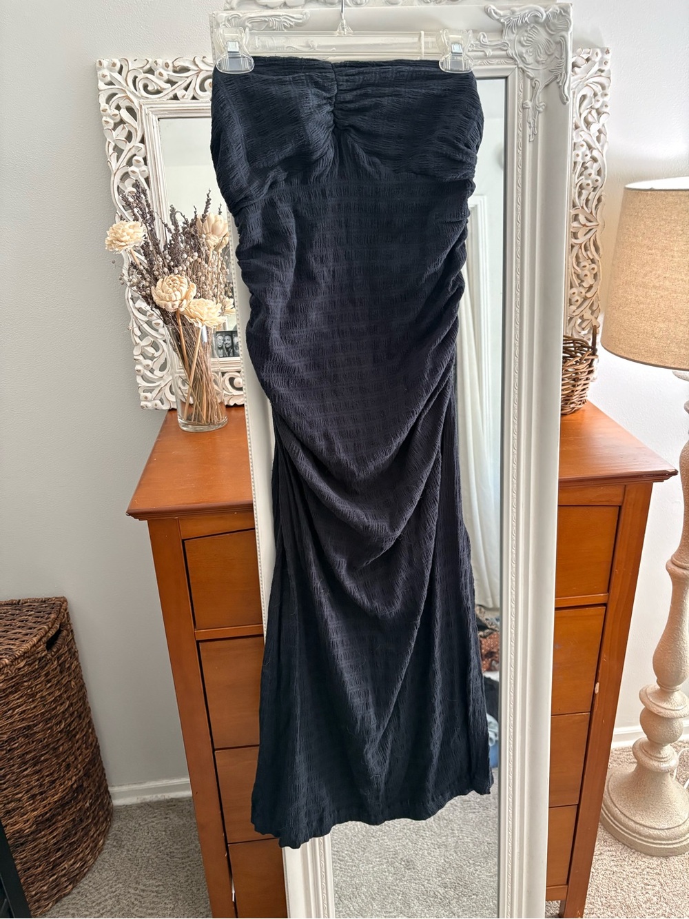 Black Ruched Strapless Maxi Dress